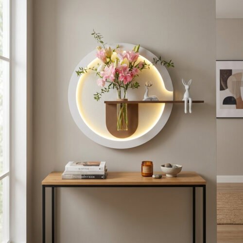 3D LED Wooden Wall Shelf Decor with Vase – 316